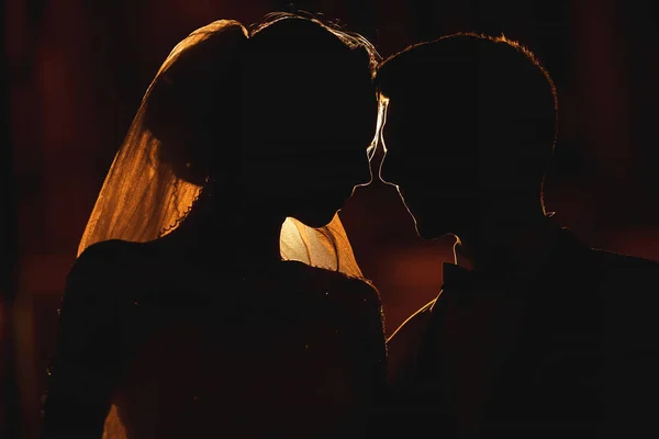 Une ligne de lumière claire décrit la silhouette du jeune couple. Derrière eux se trouve l'architecture de Cracovie — Photo