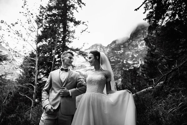 Wedding couple walking near the lake in Tatra mountains in Poland. Morskie Oko. Black and white photo option