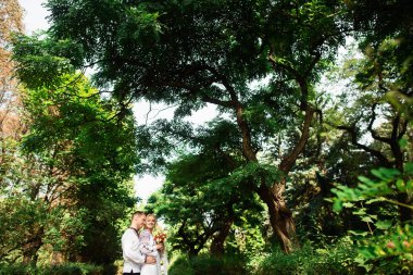 Genç çift sarılma içinde bir güneşli yeşil park