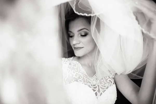 Hermoso estilo de novia. Boda chica de pie en vestido de novia de lujo cerca de la ventana. Blanco y negro — Foto de Stock