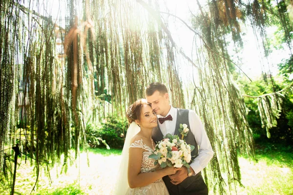 Beautiful sunny day. Wedding couple posing on the background of nature — Stock Photo, Image