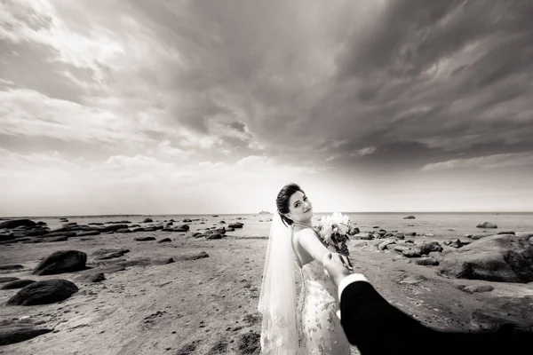 Couple de mariage élégant debout sur le bord de la mer. Les jeunes mariés marchent au bord de la mer. Noir et blanc — Photo