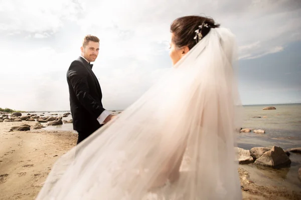 Stilvolles Hochzeitspaar am Ufer des Meeres. Frischvermählte spazieren am Meer — Stockfoto
