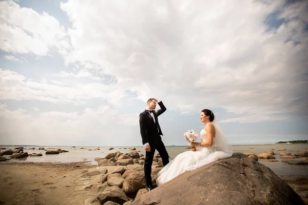 Stílusos esküvő pár állva a tenger partján. Az ifjú házasok a tengerparton sétálnak — Stock Fotó