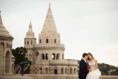Budapeşte, Macaristan Fisherman's Bastion tarafından oturan yeni evligenç güzel şık çifti