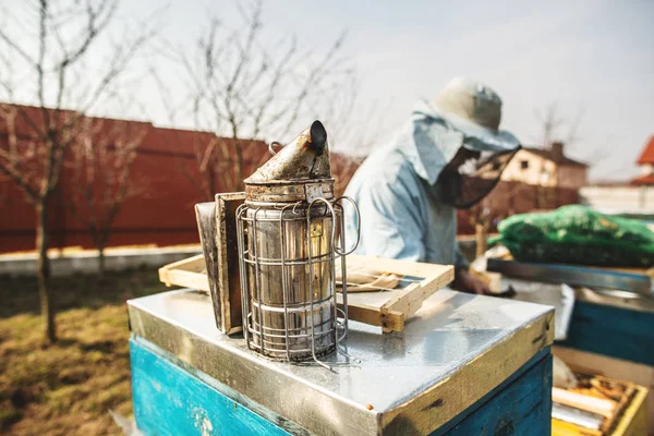 Arı kovanı detayı. Arı yetiştiricisi arılarla ve arı kovanlarıyla çalışıyor.