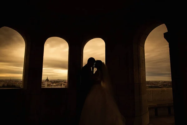 Silhouetten von Braut und Bräutigam, die auf nächtlichem Stadthintergrund stehen und einander bei Sonnenuntergang zärtlich anschauen. — Stockfoto