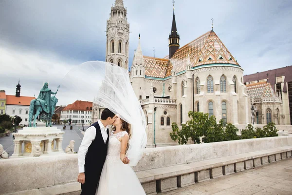Budapeşte, Macaristan Fisherman's Bastion tarafından öpüşen yeni evligenç güzel şık çifti