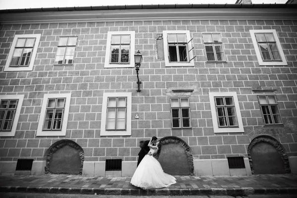 Tarihi şehirde düğün. Sokağa sarılan bir çift. Gelin ve damadın portresi.