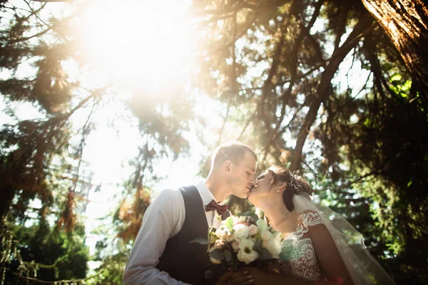 Hermoso día soleado. Pareja de boda posando en el fondo de la naturaleza —  Fotos de Stock