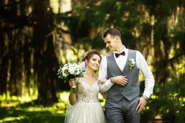 Egy esküvő pár élvezi séta az erdőben. Newlyweds ölelés és tartsa kezét — Stock Fotó