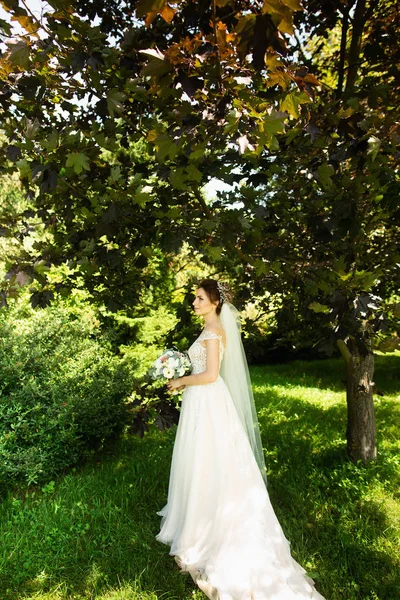 Novia en vestido de novia de moda sobre fondo natural. Un hermoso retrato de mujer en el parque — Foto de Stock