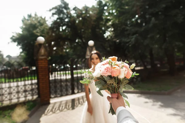 Bella giovane sposa in elegante abito bianco, sorridente incontra il suo sposo nel parco — Foto Stock
