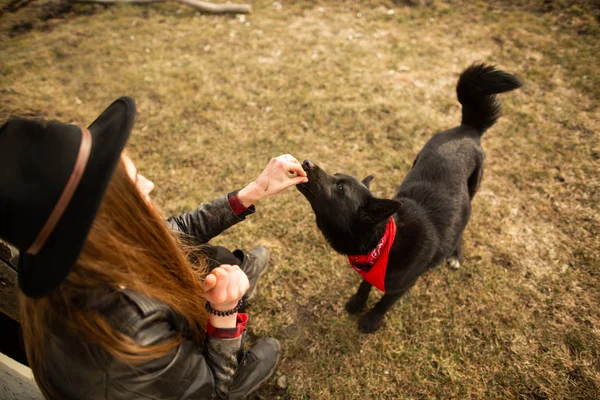 Kız eski ahşap evin fron onu siyah köpek Brovko Vivchar besler