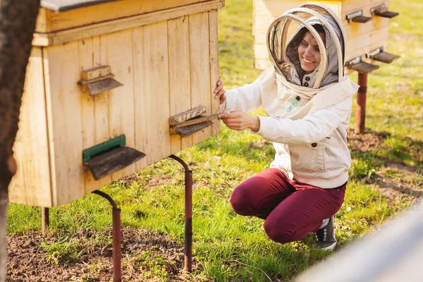 Een jonge imker meisje werkt met bijen en inspectie Bijenkorf na de winter — Stockfoto