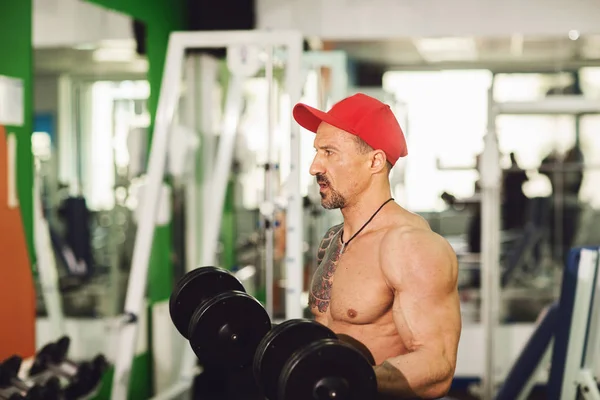 A man with a tattoo in a gym. Execute exercise with dumbbells in colorful gym