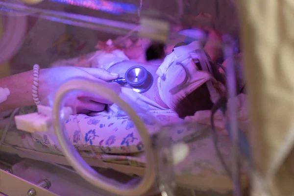 Doctora examinando al bebé recién nacido en la incubadora. Cerrar las manos femeninas con un estetoscopio — Foto de Stock