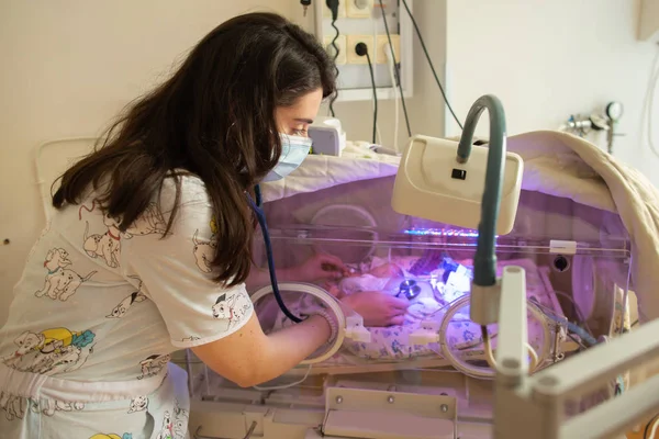 Dokter wanita memeriksa bayi yang baru lahir di inkubator Stok Gambar Bebas Royalti