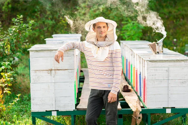 Včelař v ochranném víčku stojí mezi úly na kovovém rámu pokrytém prkny. Na úlu, nástroj na kouření včel — Stock fotografie