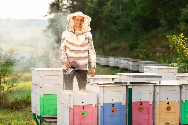 Ein Imker raucht Bienen, während er Honig in hölzernen Bienenstöcken sammelt. Werkzeug der Imkerei — Stockfoto