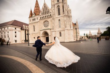 Budapeşte, Macaristan'da Fisherman's Bastion tarafından yürüyen yeni evligenç güzel şık çifti