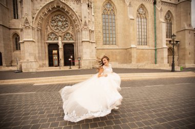 Budapeşte, Macaristan'da Fisherman's Bastion tarafından yürüyen yeni evligenç güzel şık çifti