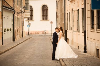 Gelin ve damat eski şehir caddesinde kucaklanıyor. Aşık çift le evlenmiş. Budapeşte'de Weeding
