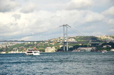 Boğaziçi Köprüsü ile Istanbul, Türkiye'de arka plan bulutlu gökyüzü güneşli bir günde. 