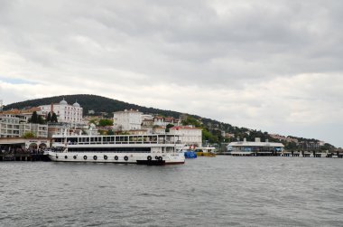 Yolcu feribotu Buyukada (Prens Adaları) limanda palamarla. Marmara Denizi. Türkiye