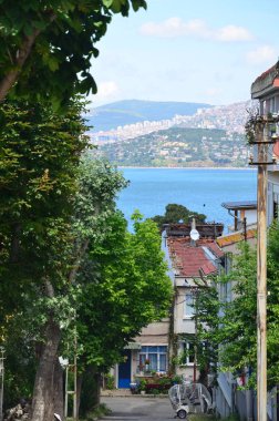 Her zamanki Caddesi Prens Adaları (Buyukada) görünümüne. Güzel mavi gökyüzü beyaz bulutlar, yeşil ağaçlar, evler ve deniz ile. Yerel cennet. Türkiye