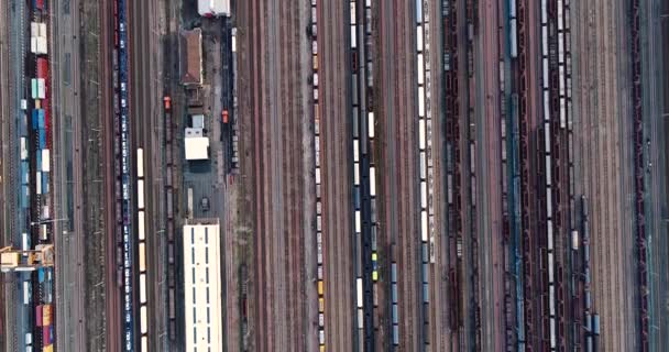 航空写真ビューでコンテナー貨物列車と駅 — ストック動画