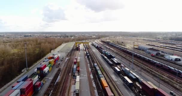 Station Met Goederentreinen Containers Luchtfoto — Stockvideo