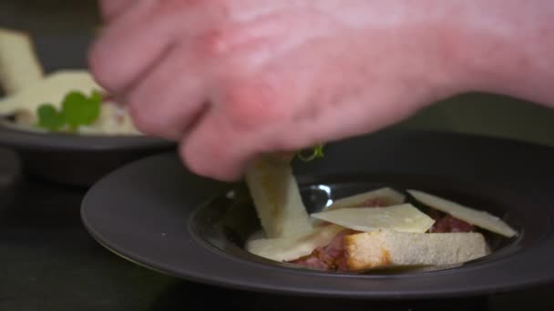 Hand Chef Who Prepares Dish Grastronomic Egg Serving His Customers — 图库视频影像