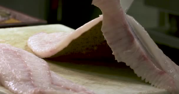 Fisch Geschnitten Steinbutt Von Einem Großen Koch — Stockvideo