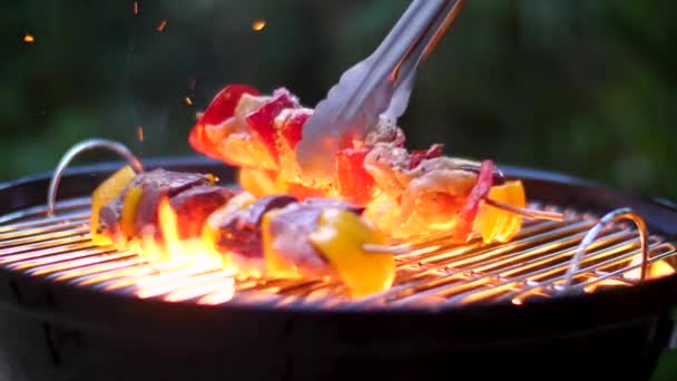 Barbecuespies Van Vlees Slow Motion — Stockvideo