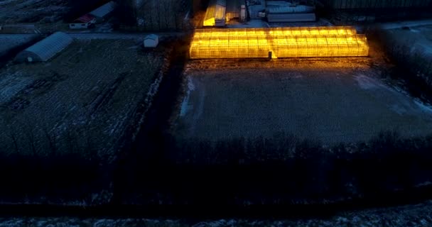 Illuminated Greenhouse Aerial View Iceland — Stock Video