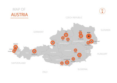 Stilize vektör Avusturya harita gösteren büyük şehirler, başkenti Viyana, üst düzey idari birimleri.