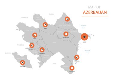 Stilize vektör Azerbaycan harita gösteren büyük şehirler, paytaxtı Bakı şəhəri, üst düzey idari birimleri.