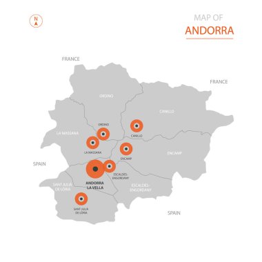 Stilize vektör Andorra harita gösterilen büyük şehirler, sermaye Andorra la Vella, üst düzey idari birimleri.