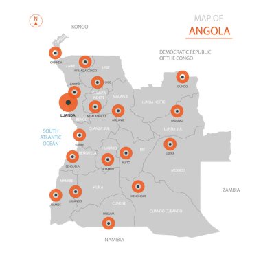 Stilize vektör Angola Haritası gösteren büyük şehirler, sermaye Luanda, üst düzey idari birimleri.