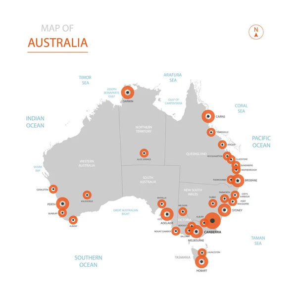 Vector Estilizado Australia Mapa Mostrando Grandes Ciudades Capital Canberra Divisiones — Vector de stock