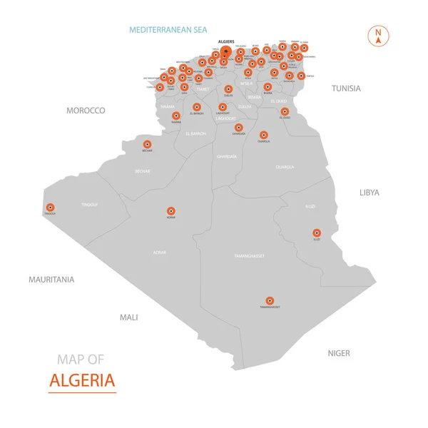 Vector Estilizado Argelia Mapa Mostrando Grandes Ciudades Capital Argel Divisiones — Archivo Imágenes Vectoriales