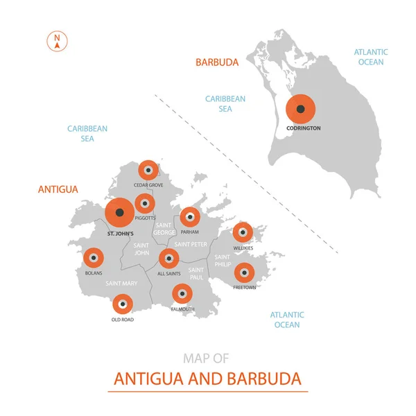 Vector Estilizado Antigua Barbuda Mapa Que Muestra Las Grandes Ciudades — Archivo Imágenes Vectoriales