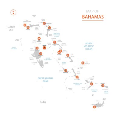Stilize vektör Bahamalar harita gösterilen büyük şehirler, sermaye Nassau, üst düzey idari birimleri.