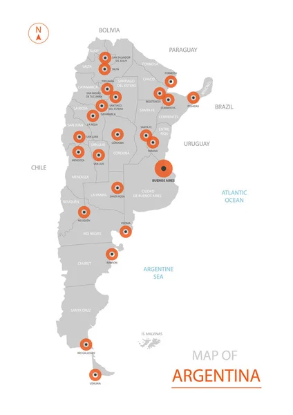 Stilize Vektör Arjantin Harita Gösterilen Büyük Şehirler Başkent Buenos Aires — Stok Vektör