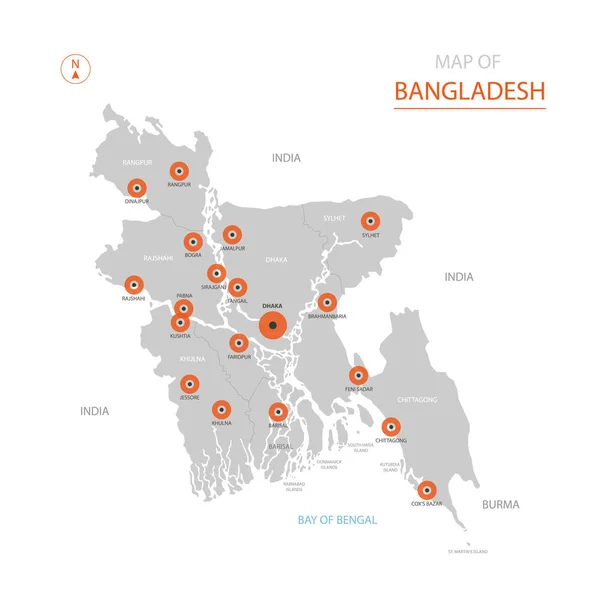 Vector Estilizado Bangladesh Mapa Mostrando Grandes Ciudades Capital Daca Divisiones — Archivo Imágenes Vectoriales