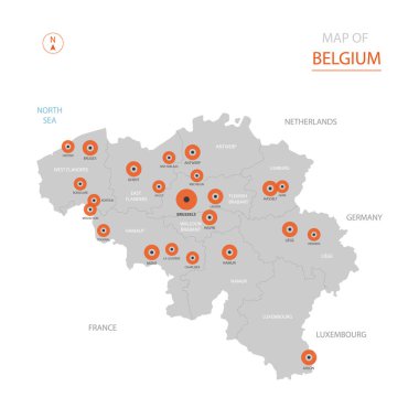 Stilize vektör Belçika harita gösteren büyük şehirler, başkenti Brüksel, üst düzey idari birimleri.