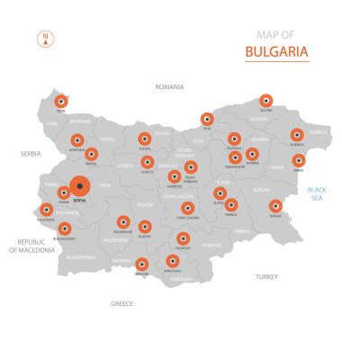Stilize vektör Bulgaristan harita gösteren büyük şehirler, başkenti Sofya, üst düzey idari birimleri.