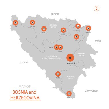Büyük şehirlerde, başkent Saraybosna, yönetim birimleri ve ülke sınırları gösteren stilize vektör Bosna Hersek harita.