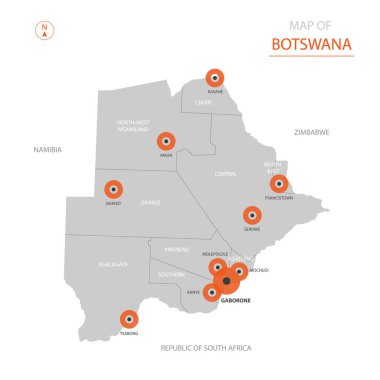 Büyük şehirler, sermaye Gaborone, yönetim birimleri ve ülke sınırları gösteren stilize vektör Botsvana Haritası
